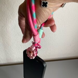 Pink & Teal Floral Charm Phone Wrist Lanyard